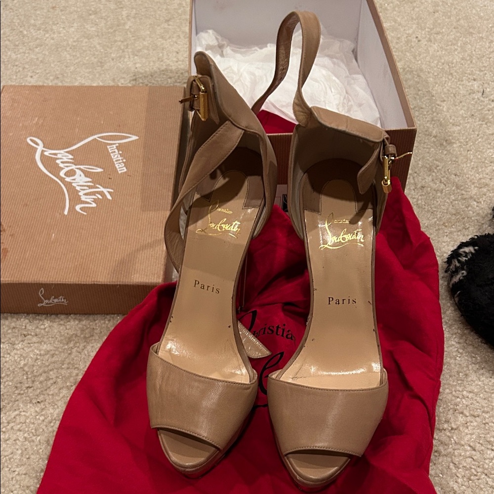 Christian Louboutin MadMonica 60 Veau Velours Cappaucino Peep-Toe Heels